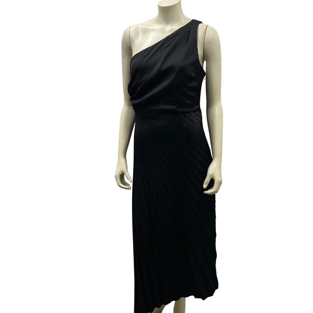Sam Edelman $138Black One Shoulder Pleated Midi Dress Cocktail‎ Formal 6 NWT